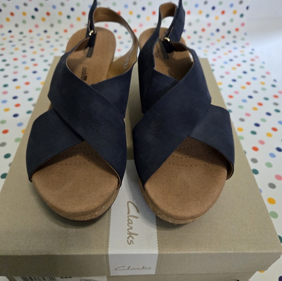 Clarks Collection Soft Cushion Annadell Eirwyn Platform Wedge Sandal 10 Navy Blu - Picture 2 of 11